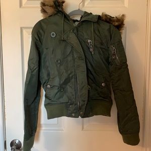 Military inspired bomber with removable faux fur trim